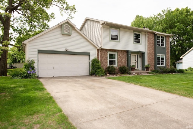 view of front of home with brick siding, an attached garage, driveway, and a front lawn