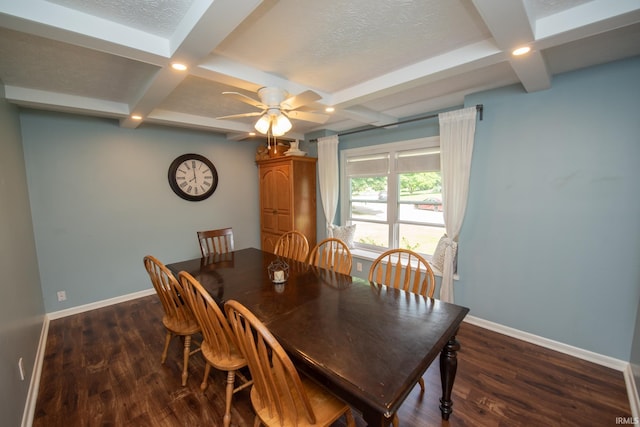 dining area featuring coffered ceiling, baseboards, wood finished floors, beamed ceiling, and ceiling fan