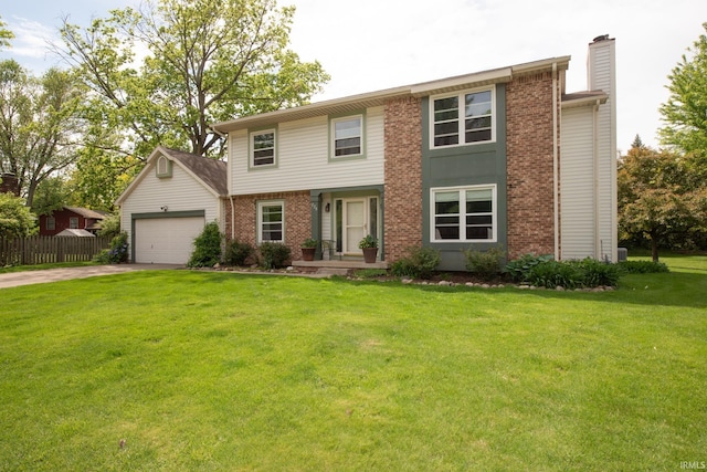 view of front facade featuring brick siding, a chimney, driveway, and a garage