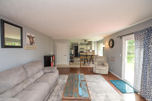 living room with wood finished floors, ceiling fan, and baseboards
