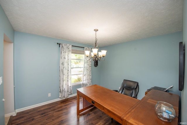 office space with wood finished floors, a chandelier, baseboards, and a textured ceiling