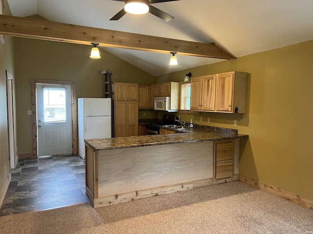 5861 Jordan Village Rd, Poland, IN 47868 - kitchen featuring white appliances, vaulted ceiling, a peninsula, ceiling fan, and a sink