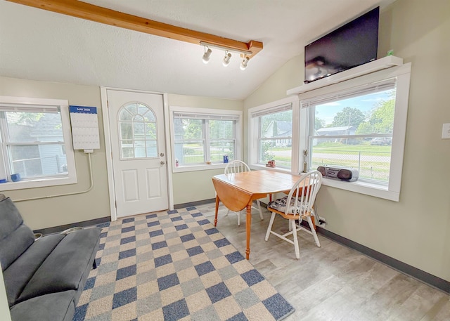 201 N Gonser Ave, Ashley, IN 46705 - dining room featuring vaulted ceiling, light wood-style flooring, baseboards, and rail lighting