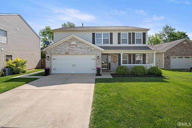 3154 Sand Walk Dr, Kokomo, IN 46902 - view of front facade featuring concrete driveway, central AC unit, brick siding, a front yard, and a garage