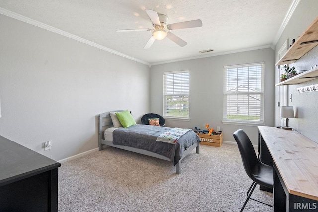 3154 Sand Walk Dr, Kokomo, IN 46902 - bedroom with crown molding, light colored carpet, baseboards, a ceiling fan, and a textured ceiling