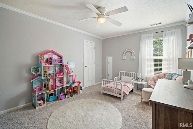 3154 Sand Walk Dr, Kokomo, IN 46902 - bedroom featuring carpet floors, ornamental molding, a textured ceiling, ceiling fan, and baseboards