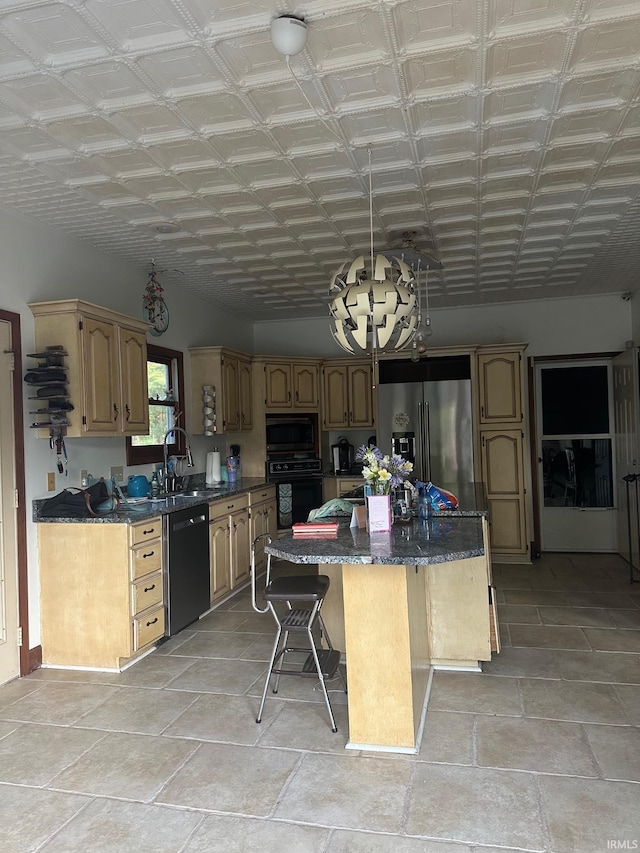 15560 Menominee Dr, Plymouth, IN 46563 - kitchen featuring black dishwasher, high quality fridge, built in microwave, a kitchen island, and stove