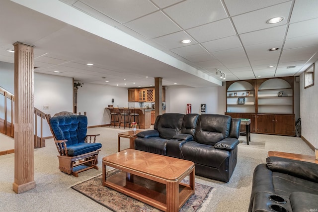 9725 Sea View Cv, Fort Wayne, IN 46835 - living room featuring carpet, baseboards, bar area, recessed lighting, and decorative columns