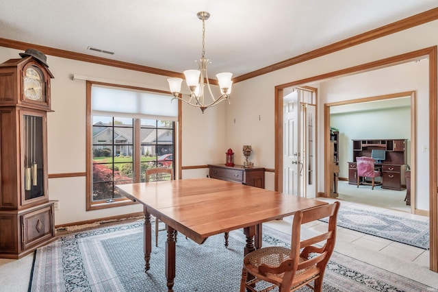 9725 Sea View Cv, Fort Wayne, IN 46835 - dining room featuring a chandelier, baseboards, a desk, light tile patterned flooring, and ornamental molding