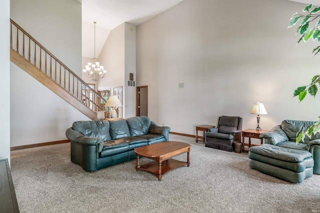 9725 Sea View Cv, Fort Wayne, IN 46835 - living room with carpet flooring, high vaulted ceiling, stairs, a chandelier, and baseboards