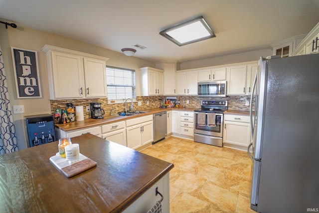 2027 Wesmar Ct, Kokomo, IN 46902 - kitchen with stainless steel appliances, a sink, decorative backsplash, and white cabinetry