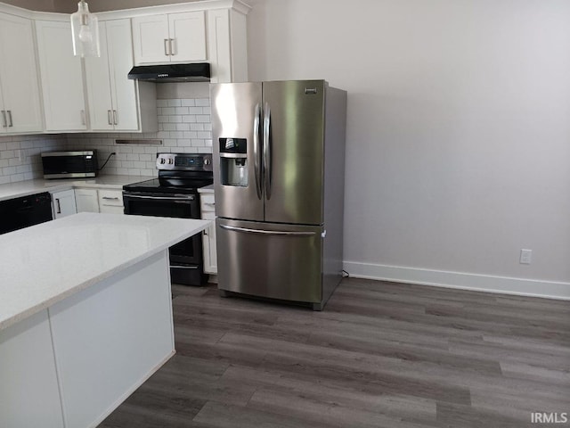 224 E 6th Ave, Ingalls, IN 46048 - kitchen featuring black appliances, under cabinet range hood, baseboards, white cabinets, and dark wood-style flooring