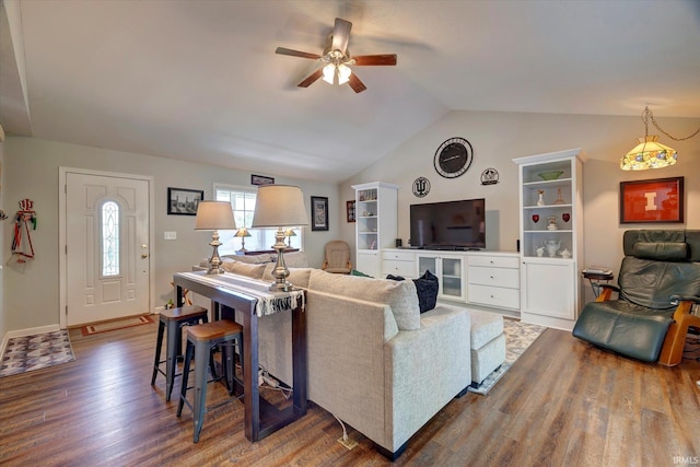 1177 E Marigold Dr, Bloomington, IN 47401 - living room featuring wood finished floors, a ceiling fan, and lofted ceiling
