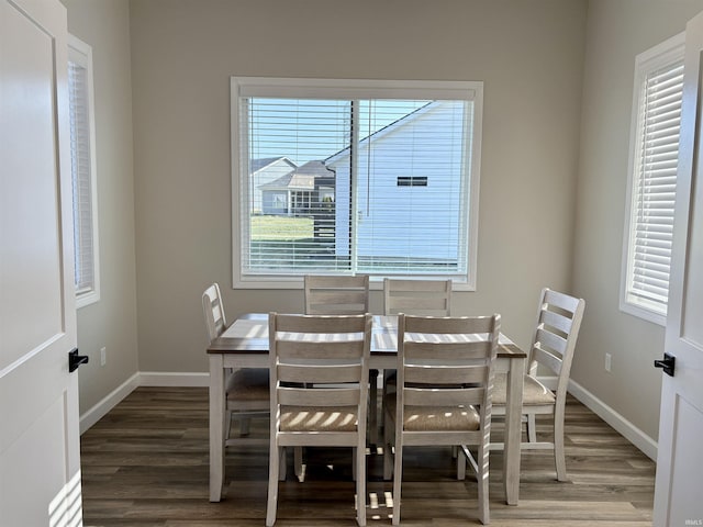dining area featuring wood finished floors and baseboards