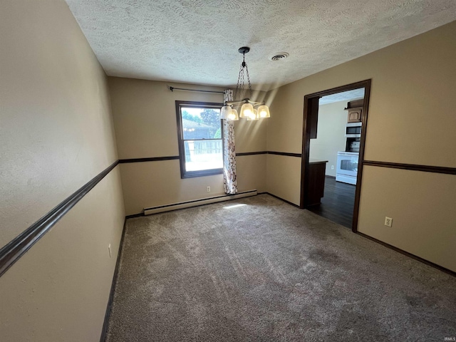 3613 Robin Dr, Kokomo, IN 46902 - spare room featuring baseboard heating, carpet, a textured ceiling, baseboards, and a chandelier