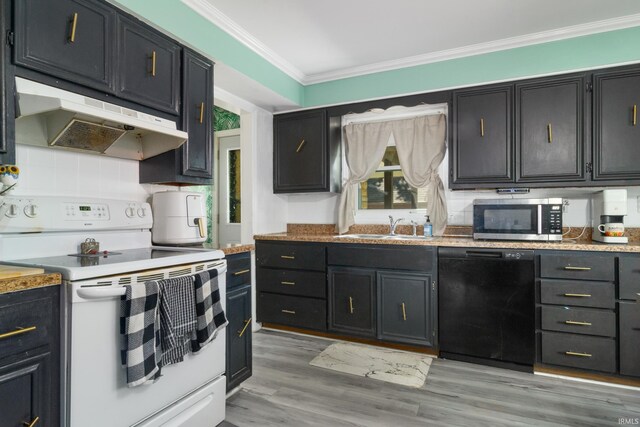 kitchen with dishwasher, electric stove, stainless steel microwave, under cabinet range hood, and ornamental molding
