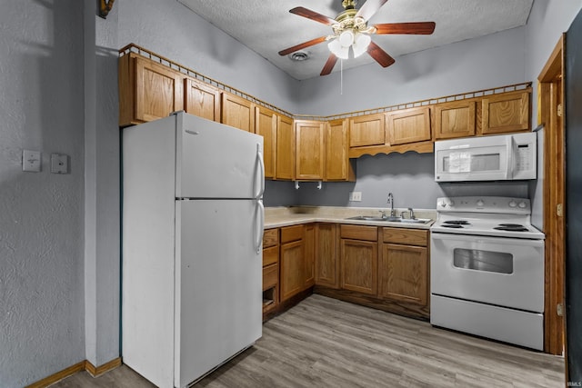 1227 S Main St, Kokomo, IN 46902 - kitchen featuring white appliances, a sink, ceiling fan, a textured wall, and light countertops