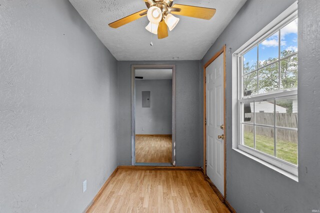 1227 S Main St, Kokomo, IN 46902 - corridor featuring light wood finished floors, electric panel, healthy amount of natural light, baseboards, and a textured wall