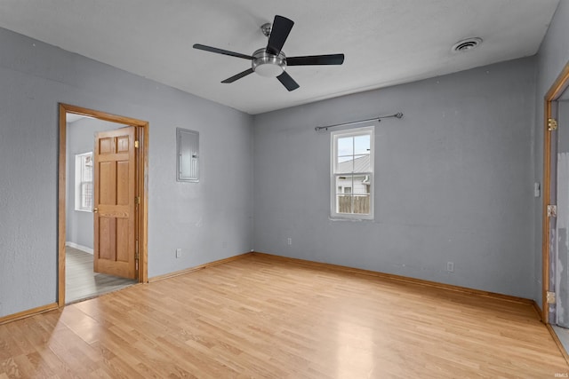 1227 S Main St, Kokomo, IN 46902 - unfurnished room featuring electric panel, light wood-type flooring, a ceiling fan, and baseboards