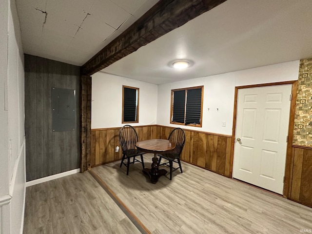 7831 S State Road 19, Peru, IN 46970 - dining room with wooden walls, electric panel, light wood finished floors, and wainscoting