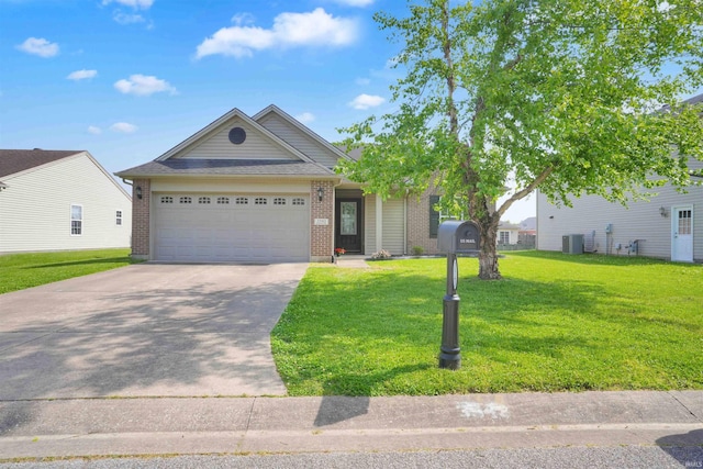 3543 Mariner Dr, Evansville, IN 47711 - ranch-style house with a front lawn, concrete driveway, an attached garage, and brick siding