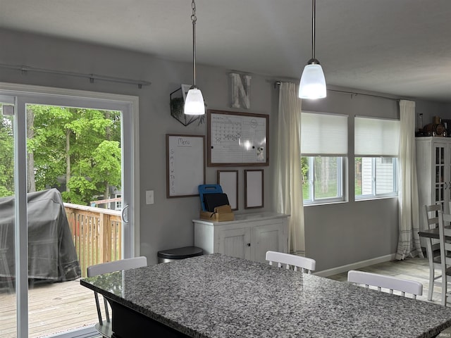 716 Gentry Ln, New Carlisle, IN 46552 - kitchen featuring dark stone counters, wood finished floors, and pendant lighting