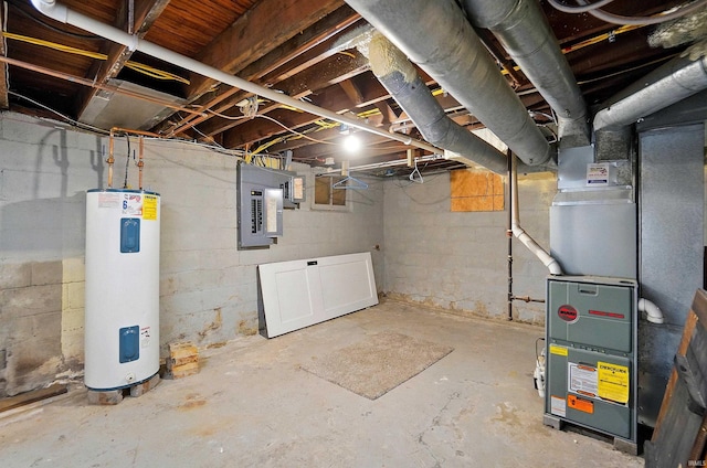 unfinished basement with electric water heater, electric panel, and heating unit