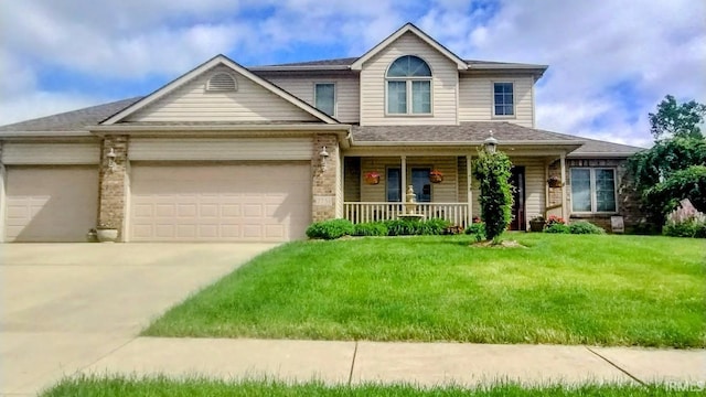 7751 E Fibia Pl, Fort Wayne, IN 46818 - view of front facade with covered porch, an attached garage, concrete driveway, a front lawn, and brick siding