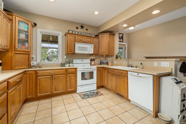1239 County Road 28th Rd, Corunna, IN 46730 - kitchen with white appliances, a sink, recessed lighting, light countertops, and glass insert cabinets