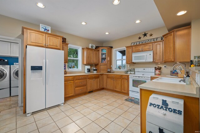 1239 County Road 28th Rd, Corunna, IN 46730 - kitchen featuring white appliances, a sink, washing machine and clothes dryer, recessed lighting, and light tile patterned floors