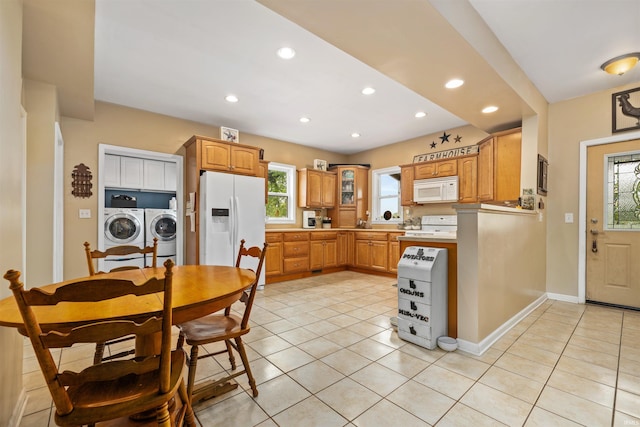1239 County Road 28th Rd, Corunna, IN 46730 - kitchen with white appliances, independent washer and dryer, light tile patterned floors, plenty of natural light, and recessed lighting