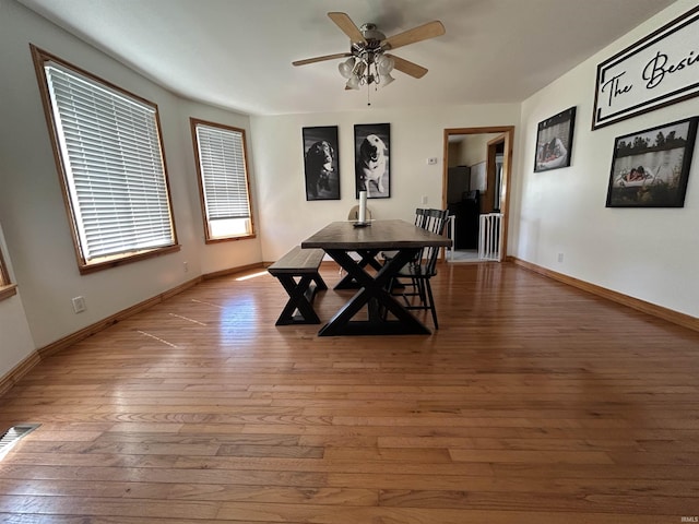 312 W Columbia St, Oakland City, IN 47660 - dining space with light wood finished floors, a ceiling fan, and baseboards