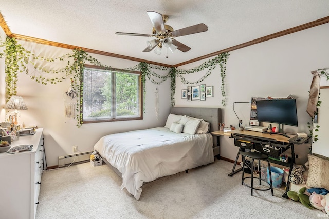 13392 N State Road 13, North Manchester, IN 46962 - bedroom with a baseboard heating unit, crown molding, light colored carpet, ceiling fan, and a textured ceiling