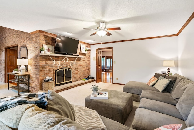 13392 N State Road 13, North Manchester, IN 46962 - living area with ceiling fan, a brick fireplace, a textured ceiling, crown molding, and carpet flooring