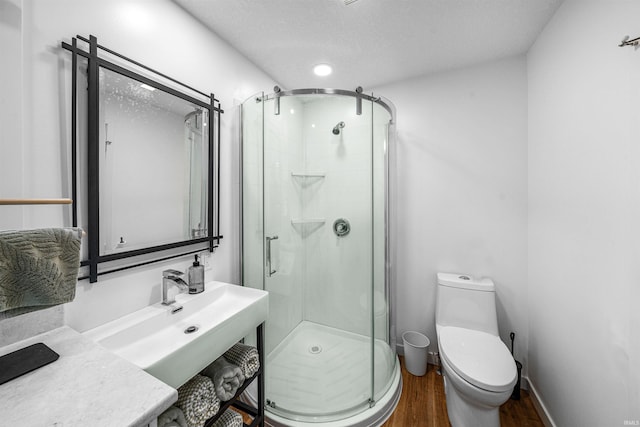 3 Ems T20 Ln, Leesburg, IN 46538 - bathroom with a stall shower, wood finished floors, toilet, a textured ceiling, and a sink