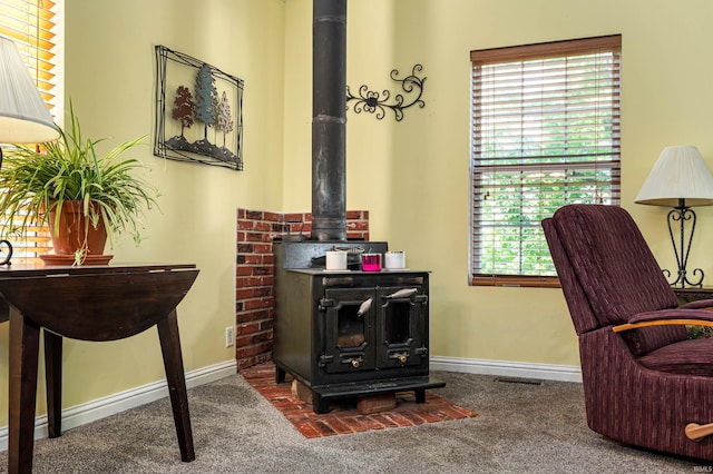 living area with a wood stove, carpet floors, and baseboards
