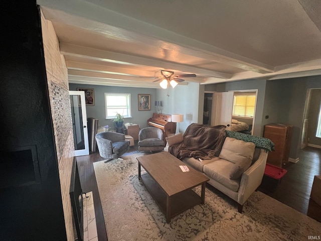 1206 King St, Lafayette, IN 47905 - living area with wood finished floors, beamed ceiling, a ceiling fan, and baseboards