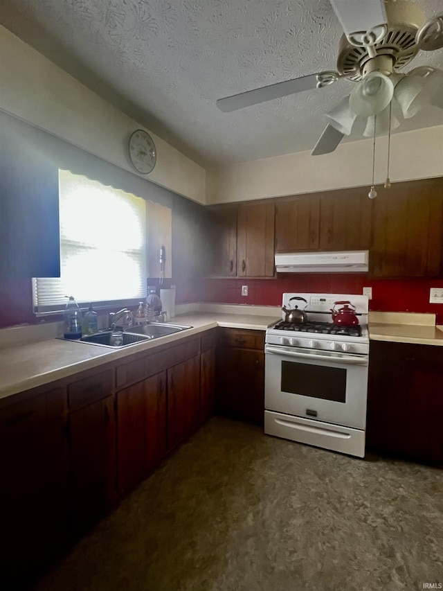 509 E Vincennes St, Orleans, IN 47452 - kitchen with white gas range, range hood, a sink, light countertops, and a textured ceiling