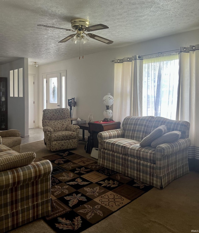 509 E Vincennes St, Orleans, IN 47452 - carpeted living room with a textured ceiling and a ceiling fan