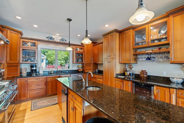 135 Ems D13 Ln, Syracuse, IN 46567 - kitchen with a sink, stainless steel appliances, brown cabinetry, wine cooler, and recessed lighting
