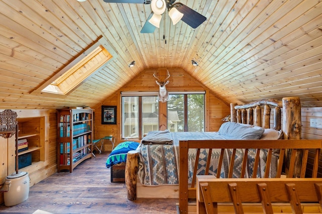 135 Ems D13 Ln, Syracuse, IN 46567 - bedroom with wood walls, lofted ceiling, wood finished floors, wooden ceiling, and a skylight