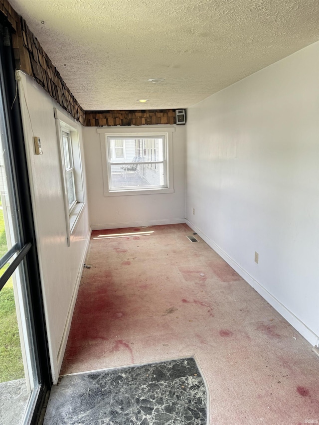 carpeted empty room with a textured ceiling, plenty of natural light, and baseboards