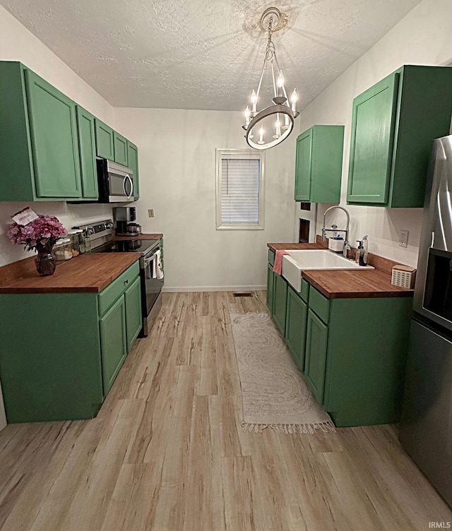 2146 N 20th St, Terre Haute, IN 47804 - kitchen featuring wood counters, green cabinetry, appliances with stainless steel finishes, a sink, and a textured ceiling