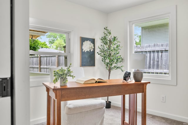 office space featuring plenty of natural light, baseboards, and carpet flooring