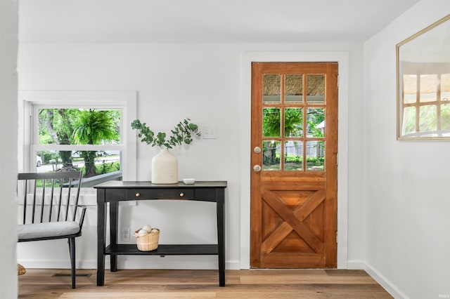 entryway featuring wood finished floors and baseboards