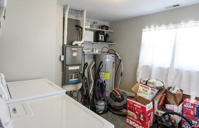 302 E Main St, Swayzee, IN 46986 - laundry room with independent washer and dryer, electric water heater, and tile patterned floors