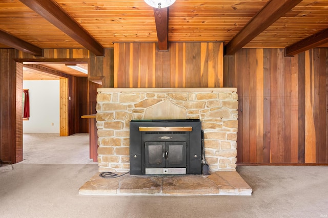 4837 Covered Bridge Rd, Nashville, IN 47448 - detailed view of carpet floors, wooden ceiling with exposed beams, wooden walls, and a fireplace