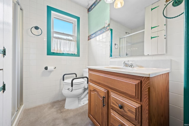 4837 Covered Bridge Rd, Nashville, IN 47448 - full bathroom featuring tile walls, a stall shower, vanity, and toilet