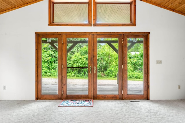 4837 Covered Bridge Rd, Nashville, IN 47448 - doorway featuring vaulted ceiling, carpet floors, wood ceiling, and french doors