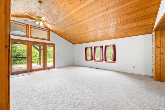 4837 Covered Bridge Rd, Nashville, IN 47448 - carpeted spare room featuring lofted ceiling, wood ceiling, plenty of natural light, and a ceiling fan